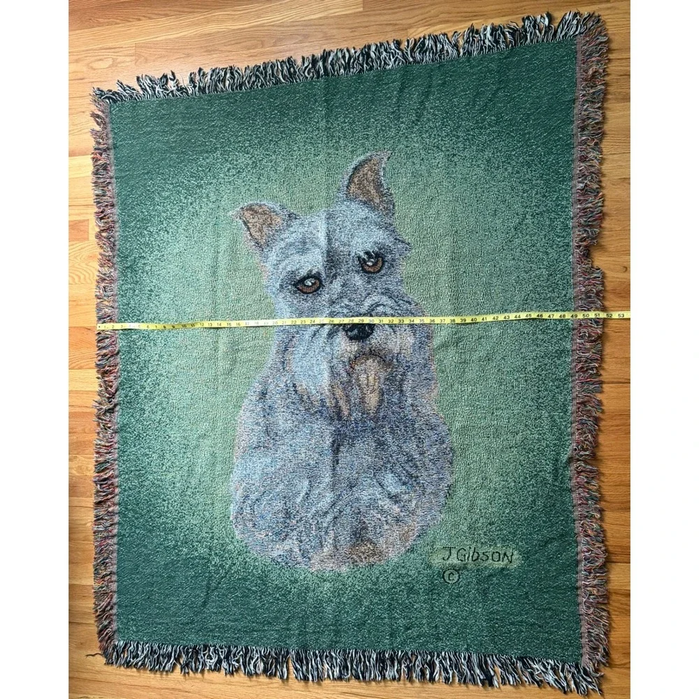 Vintage J Gibson Woven Tapestry Throw Blanket Schnauzer Dog Green Fringed 52x60